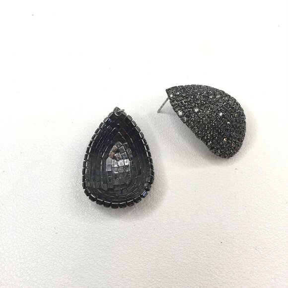 Sparkly Rhinestone Marcasite Dome Crystal Teardrop Post Stud Gunmetal Earrings - Picture 5 of 5